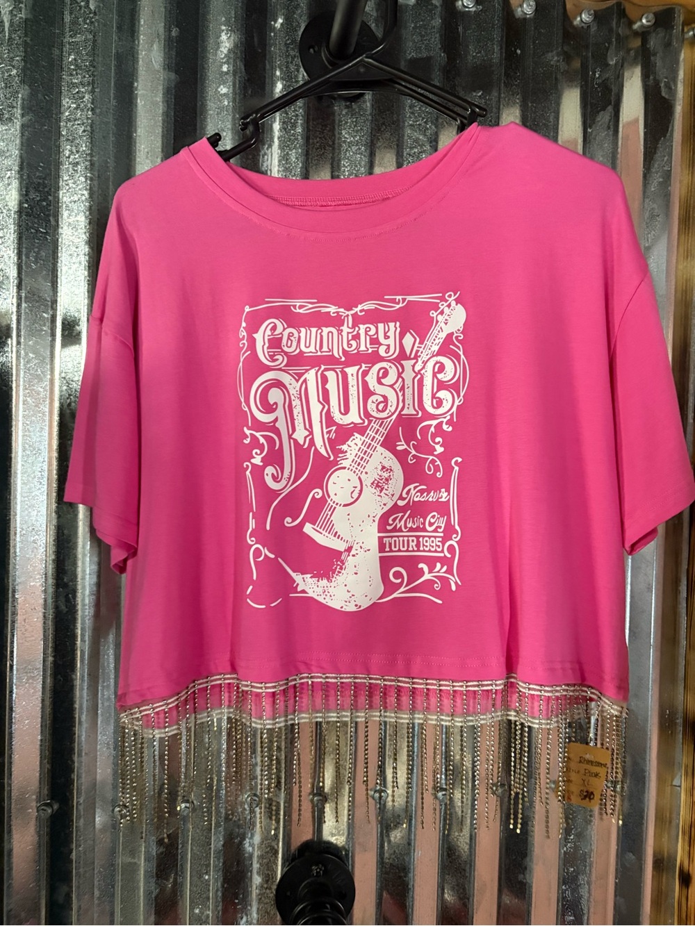 Women’s Pink Country Music Guitar Graphic Cropped Fringe Hem Tee Crew XL